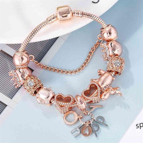 Seialoy pulseira de ouro rosa pulseiras para mulheres princesa elk grânulo feliz charme pulseiras jóias caber menina casal amizade jóias gi215r