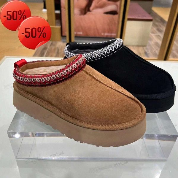 Pantofole Tasman Ciabatte in pelliccia di castagno Pelle di pecora Shearling Tazz Nuovi zoccoli Donna Uomo Ultra Mini Stivali con plateau Scarpe slip-on Tomaia in pelle scamosciata Comfort Autunno Inverno misura scarpa 35-h