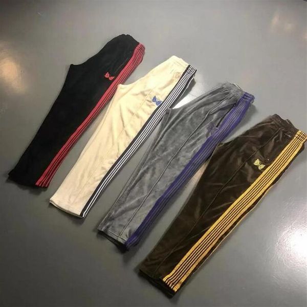 Pantaloni AWGE X Needles Uomo Donna Casual Pantaloni sportivi AWGE X Needles 19SS VELLUTO STRETTO Pantaloni con ricamo a farfalla275v