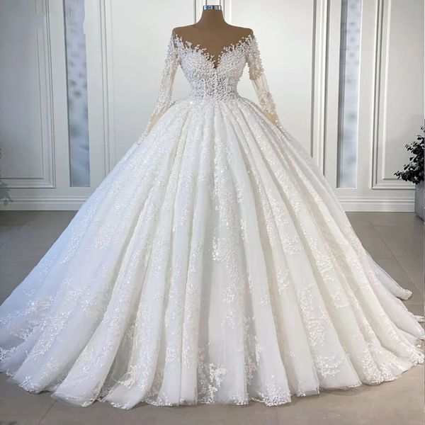 2024 elegante Hochzeit Kleid Illusion Neck Long Sleeves Spitze Appliques Perlen Perlen Braut Kleider Robe Mariage Vestidos De Novia