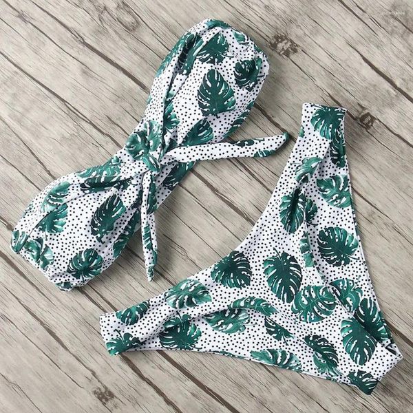 Mulheres Swimwear Folhas Hawaii Imprimir Biquinis Mulheres Swimsuit Tie Bow Cut Bandeau Set Push Up Strapless Thongs Banheira Terno Beach Wear