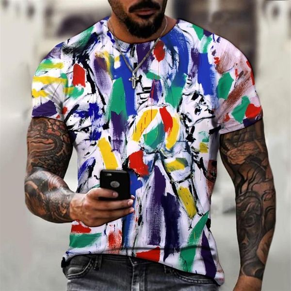 Erkek Tişörtler D Baskı T-Shirt Suluboya Mürekkebi Boyama Kısa kollu Yuvarlak Boyun Kentsel Moda Günlük Gömlek 2021250E