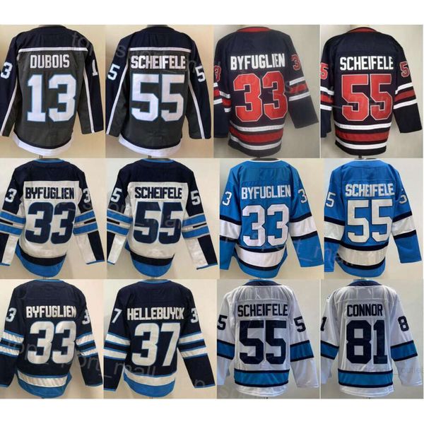 Erkekler buz hokeyi 81 kyle connor formaları 55 Mark Scheifele 37 Connor Hellebuyck 33 Dustin Byfuglien Vinatge Ters Retro Nakış ve Dikiş Lacivert Beyaz Takımı