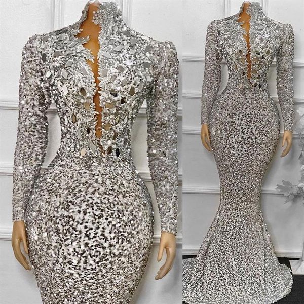 Abiti da sera formali a sirena con paillettes argento africano 2022 con maniche lunghe collo alto Plus Size abiti da spettacolo di ballo con perline scintillanti317j