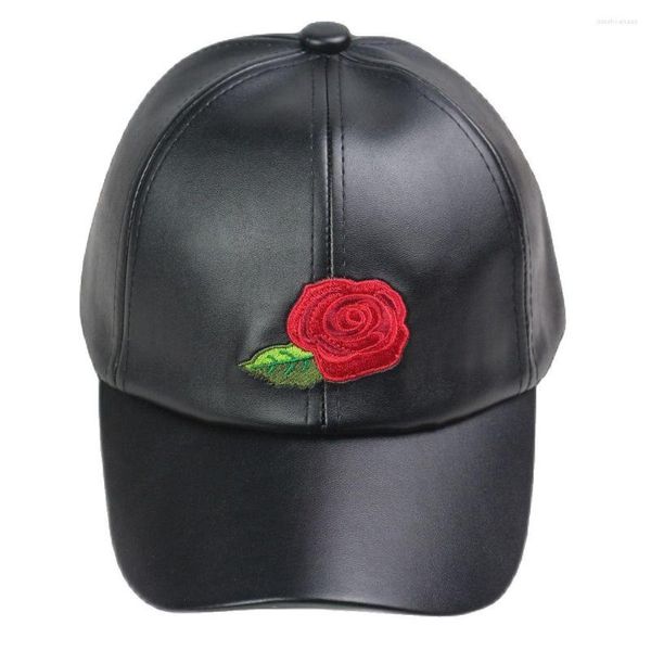 Ball Caps Schwarz PU Leder Rose Baseball Kappe Für Männer Frauen Stickerei Snapback Hut Gebogenes Visier