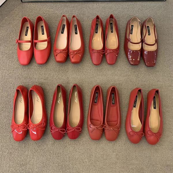 Elbise Ayakkabı Bailamos Kadın Retro Flats Fransız Kırmızı Bale Yay Örgü Tembel Büyükanne Sığ Ağız Yumurta Rulo Scoop Soafers Mujer 230928