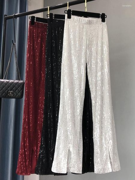 Pantaloni da donna Donna Argento lucido Completo di paillettes Leggero pantaloni svasati Elastico in vita Bling Luxury Chic Capris Casual Party Club Lungo 6 colori