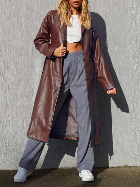 Женские куртки Верхняя одежда с длинным рукавом из искусственной кожи с поясом Однотонные женские осенне-зимние длинные куртки с отложным воротником Модные женские пальто Уличная одежда