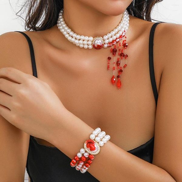 Catene Gioielli per collana girocollo con nappa e goccia di sangue retrò con perle imitazione di Halloween