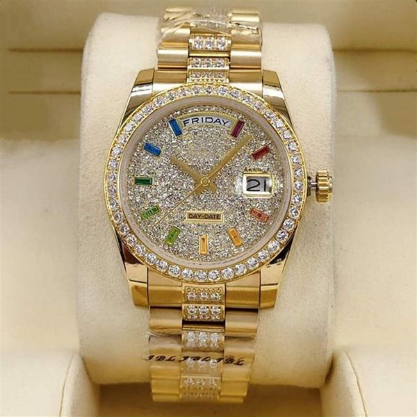 Homens e mulheres relógios mecânicos automáticos 36mm safira arco-íris literal pulseira anel de broca fivela dobrável aço inoxidável water260l