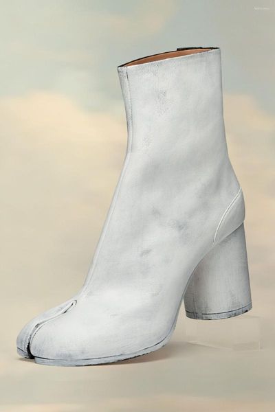 Botas 2023 Marca Design Moda Split Toe Couro Genuíno Mulheres Chunky Round High Saltos Inverno Tabi Sapatos Curtos