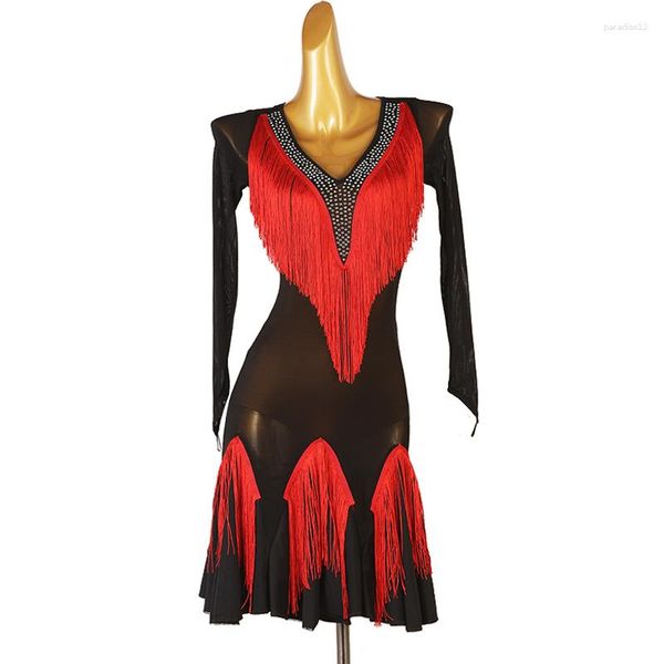 Bühnenkleidung Frauen Latin Dance Rock Langarm Quaste Rumba Samba Spiel Kleid Erwachsene Red Sparkle Wettbewerb Tanzen Kleider