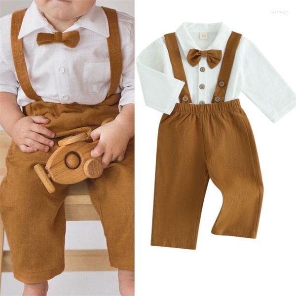 Kleidungssets Kinder Kinder Jungen 2-teiliges Outfit Langarm-Button-Down-Fliege Hemd mit Hosenträgerhose Formeller Anzug Kirchenkleidung