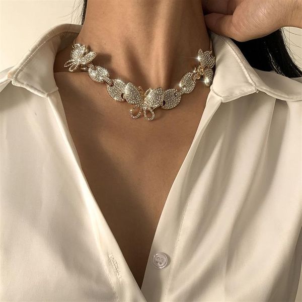 Nuova moda ins designer pieno di diamanti zirconi strass bella farfalla 3d moda donna collana girocollo dichiarazione oro argento273l