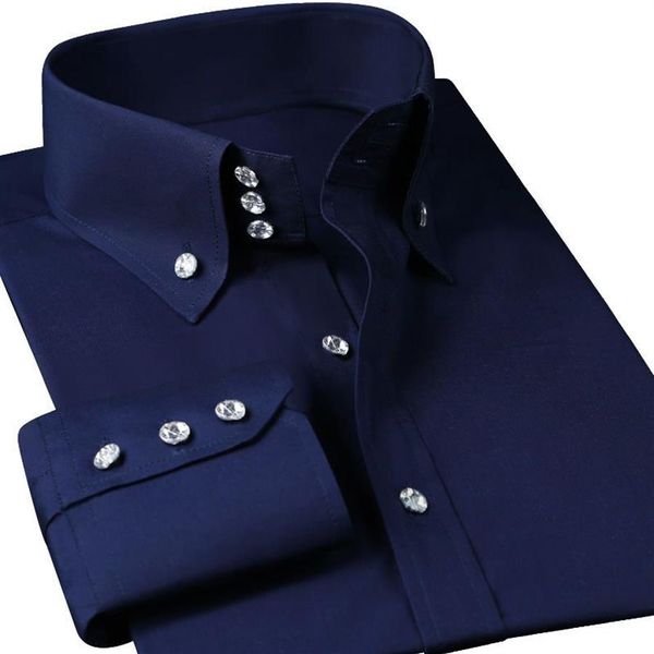 Bottoni con diamanti cuciti a mano Camicie eleganti da uomo Manica lunga Nero Business di lusso Moda Slim Fit Collo alto Camicetta occidentale L182t