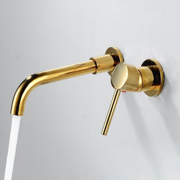 Rubinetti per lavandino del bagno Vidric Fashion Bacino a parete Miscelatore a due fori Tubo girevole spazzolato oro Rubinetto monocomando in ottone