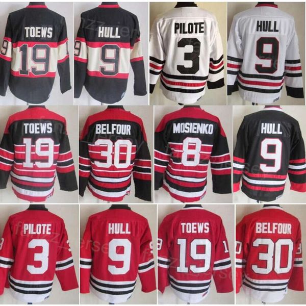 Adam Vintage Hokey 19 Jonathan Toews Formalar Retro Classic 3 Pierre Pilote 9 Bobby Hull 8 Bill Mosienko 30 Ed Belisur 18 Denis Savard CCM Emekli Siyah Kırmızı Beyaz Dikiş