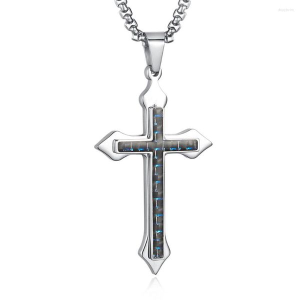 Anhänger Halsketten Edelstahl Kohlefaser Doppelschicht Kreuz Halskette Liebesgeschenk für Freund