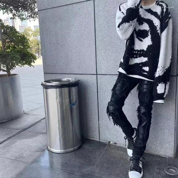 Erkek Sweaters Sonbahar ve Kış Retro Kafatası Jacquard Yuvarlak Boyun Külot Y2K Kadın Gevşek Yüksek Sokak Günlük Punk Hip Hop Koleji Erkekler