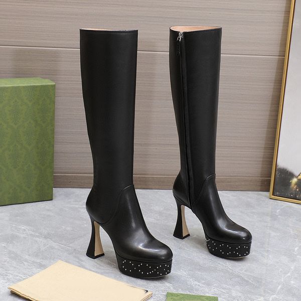 En kaliteli g platform diz botları tıknaz blok orijinal deri yüksek botlar kadın lüks tasarımcı moda parti akşam ayakkabıları topuklar yan fermuarlı patik boyutu 35-42