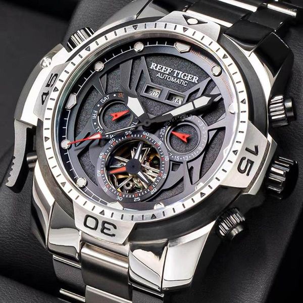 Armbanduhren Reef Tiger Herren-Sportuhr mit Tourbillon, mechanisch, Automatikaufzug, leuchtendem Kalender, 100 m wasserdicht, Sportuhr mit Zentralsekunde