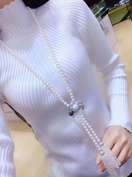 Catene annodate a mano 8-9mm Perle d'acqua dolce naturali bianche Ape Micro intarsio Accessori zirconi Collana con catena maglione nappa 120-122 cm