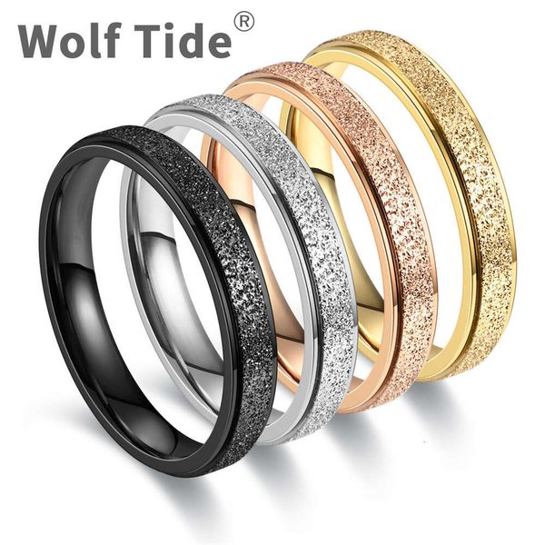 Wolf Tide Fashion Anello in acciaio inossidabile satinato da 4 mm Anello da donna in oro rosa nero da uomo giapponese e coreano Personalità alla moda Anelli per dito da sposa Gioielli Bijoux all'ingrosso