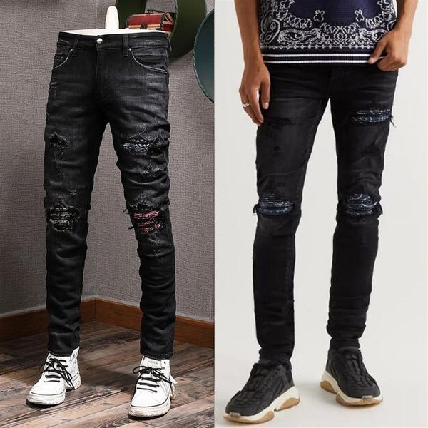 Plaid Patches Destroyed Jeans Damage Hole Wash Bleistiftbein Slim Denim Baumwolle Herren Schöne Qualität237y