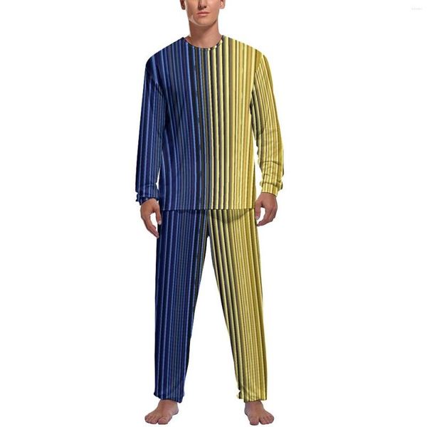 Pigiama da uomo pigiama a righe giallo blu manica lunga bicolore pigiama casual set autunno uomo grafico carino