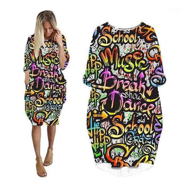 Abiti casual Camicie midi Donna Graffiti 3d stampato Moda Harajuku Manica lunga Donna Batwing Plus Size Abbigliamento Hip Hop2836