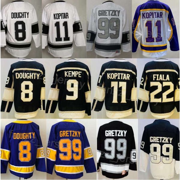 Ters retro hokey 11 Anze Kopitar formaları adam 22 Kevin Fiala 9 Adrian Kempe 99 Wayne Gretzky 8 Drew Doughty Tüm Dikişli Spor Saf Pamuk Mor Siyah Beyaz Takım