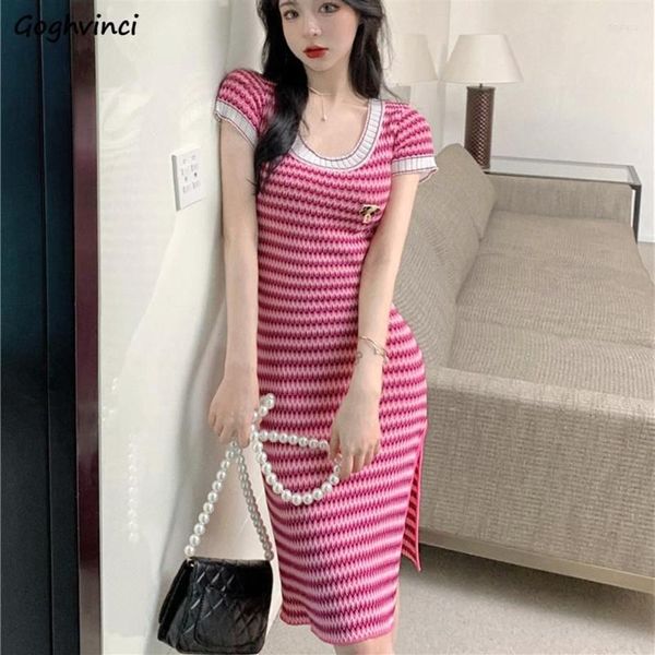 Vestidos casuais vestido de manga curta mulheres simples listrado lado-slit tricô macio verão magro bainha moda ins assimétrico coreano st283n
