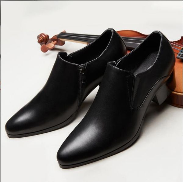 Vestido formal básico de couro genuíno, mocassins masculinos de bico fino de metal feito à mão, salto alto de 5cm, sapatos para festa de casamento