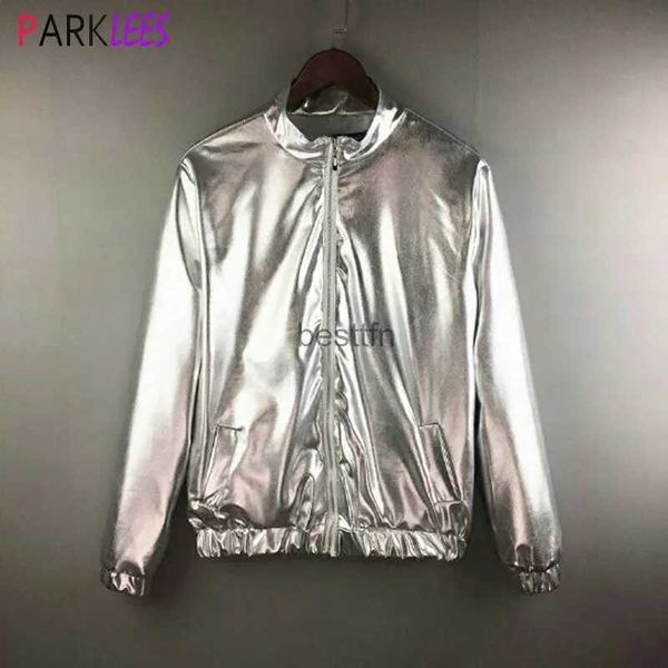 Herrenjacken Herren-Jacke in glänzendem Silber-Metallic, 70er-Jahre, Disco-Tanz, Weihnachtsfeier, Uni-Jacke, Baseball-Bomberjacken mit Reißverschluss, Mäntel JaquetasL231006