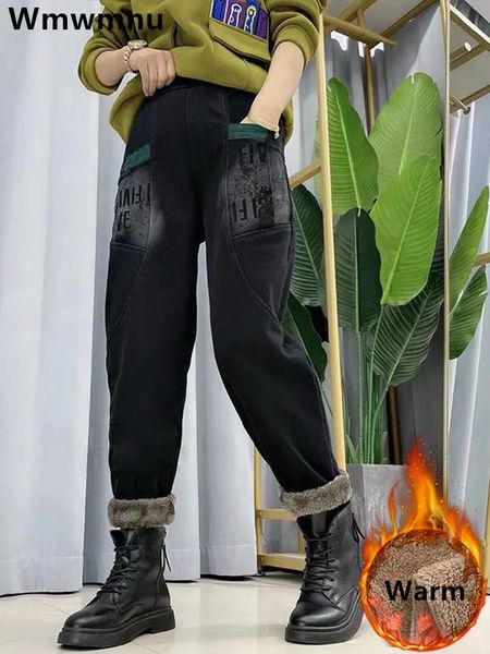 Женские джинсы, зимние утепленные шаровары, женские теплые мешковатые джинсовые брюки на флисовой подкладке, уличная одежда из пуха ягненка с высоким воротником Vaqueros Kot Pantolon 231005