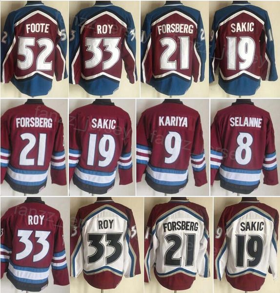 Homem Vintage Hóquei 33 Patrick Roy Jersey Retro 8 Teemu Selanne 9 Paul Kariya 52 Adam Foote 21 Peter Forsberg 19 Joe Sakic Clássico CCM Bordado Vermelho Branco Retire Top