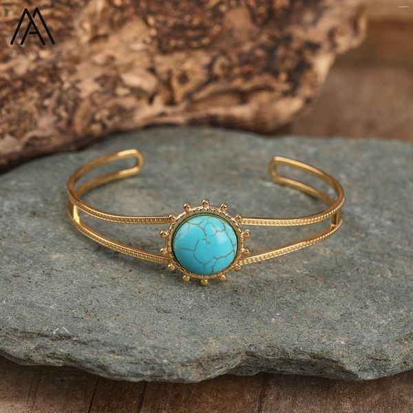 Pulseira minimalista turquesa pedra de aço inoxidável pulseiras de punho aberto para mulheres joias da moda presente vintage