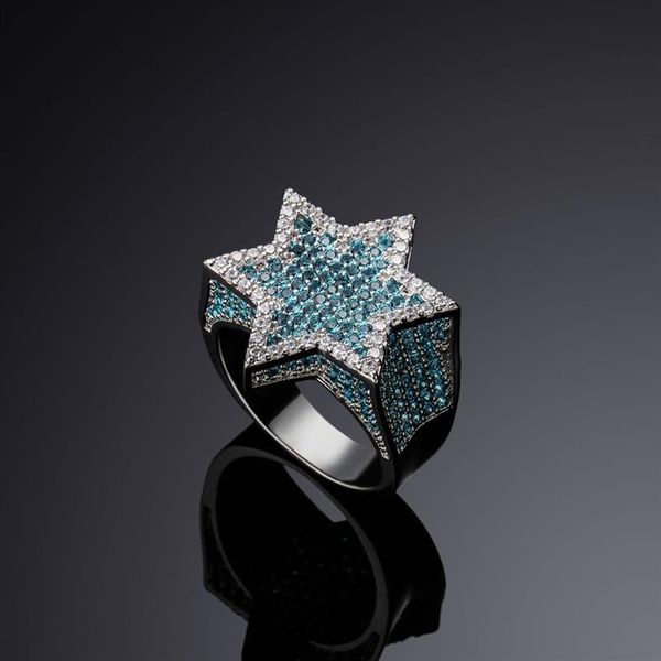 Novo hexágono estrela prata cor azul gelado zircão cúbico com pedras laterais anéis micro pavimentado diamante hip hop jóias para presentes251j