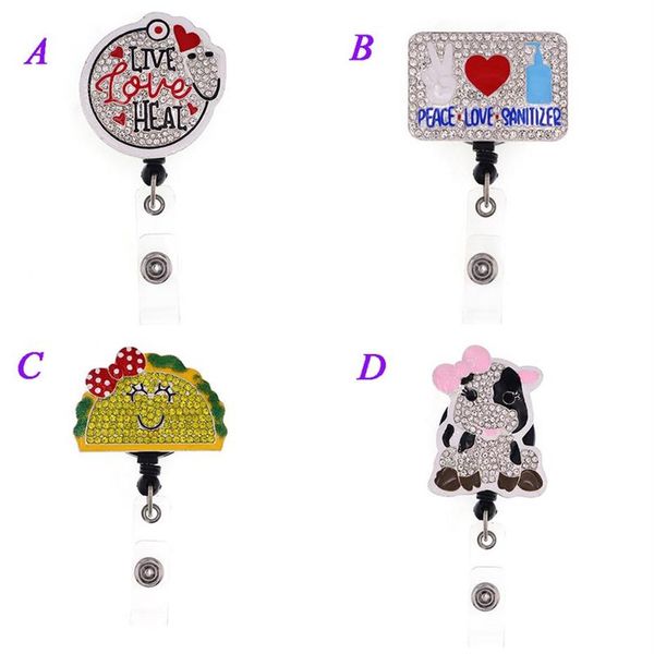 1pc 5pcs 10pcs Bling cristallo strass animale forma di mucca Badge Reel ID porta badge retrattile per infermiere medico ospedale Studen2232