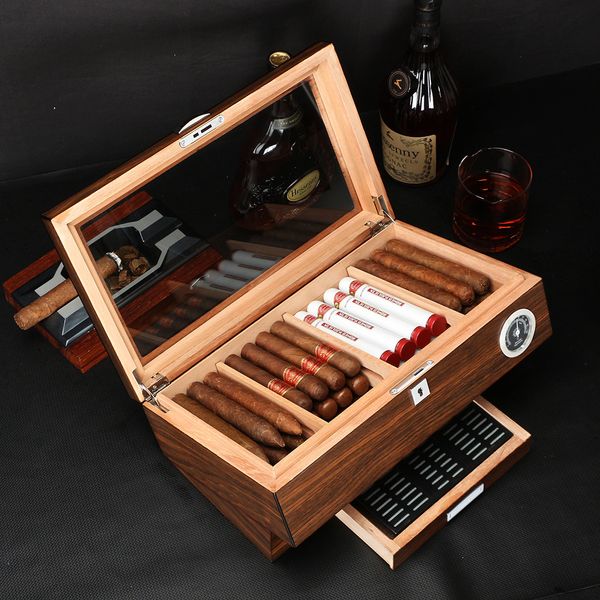 Log Wood Grain Cigar Humidor Glass Display Прозрачный сигаретный корпус портативный с ключами удерживает 25-50 сигар роскошные гигрометр и увлажнитель