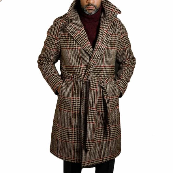 Misturas de lã masculina estilo clássico Houndstooth ternos masculinos com cinto de lã grossa moda customizada longa homens casaco inverno lapela jaqueta de negócios 231005