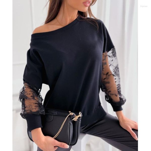 Kadın bluzları Bahar eğik boynu zarif gündelik gömlekle görün 2023 moda dantel dikiş örgü bluz kadınlar uzun kollu gevşek üstler