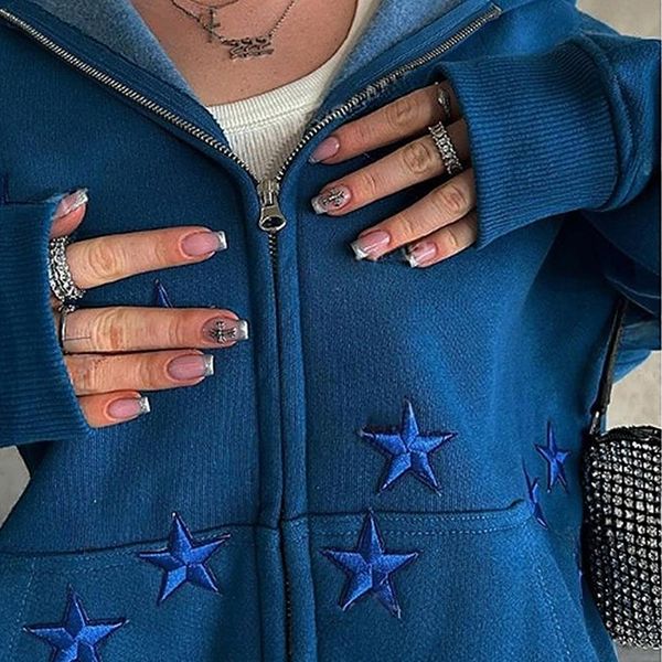 Mulheres Hoodies Moletons Y2K Zip Hoodie Estrela Bordado Goth Punk Moletom Azul Marinho Sweat Jacket Gótico Manga Longa Oversized EMO 231005