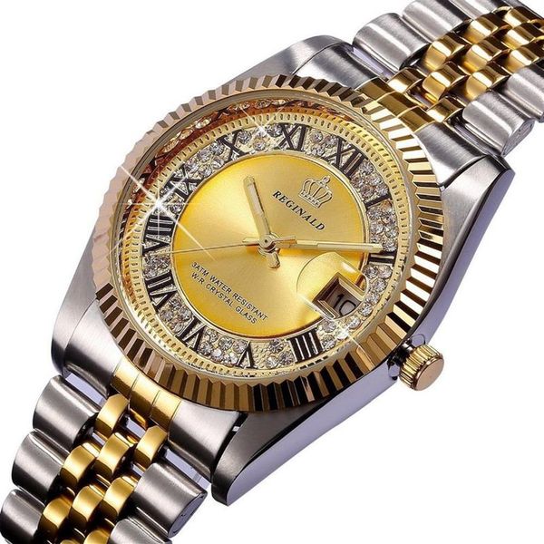 REGINALD Quarzuhr Herren Datejust 18 Karat Gelbgold geriffelte Lünette Perle Diamant Zifferblatt voll Edelstahl leuchtende Uhr250W