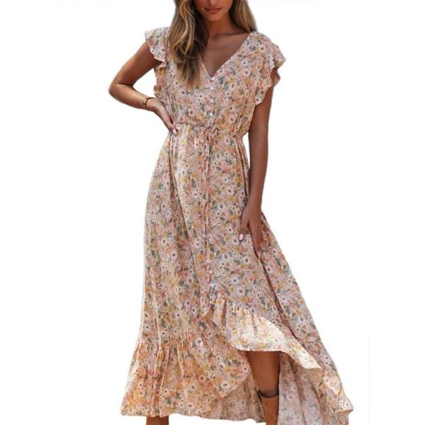 Blumendruck Langes Kleid Boho Sommer Vestidos Tasten Schärpen Damen Gypsy Maxi Kleider Casual Weibliche 2020 Frühling Sommer New285F