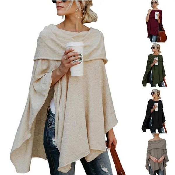 Primavera outono suéter assimétrico feminino poncho pulôver suéter assimétrico sobreposição sólida roupas femininas casual outono tops271s