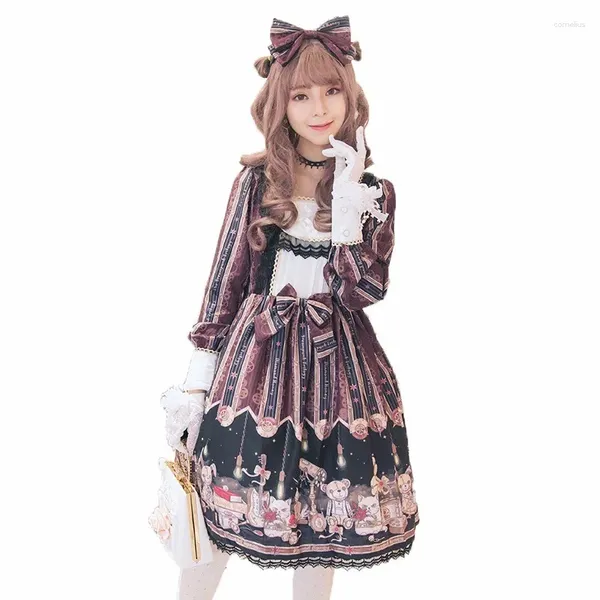 Tema traje feminino steampunk clássico manga longa bowknots doce lolita vestido meninas impresso jsk vintage rendas halloween fantasia op