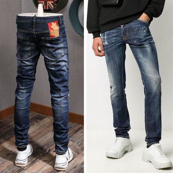 Jeans da uomo danneggiati Pantaloni da cowboy con toppa a foglia d'acero alla moda Pantaloni jeans skinny fitness lavati con pietra distrutta300a