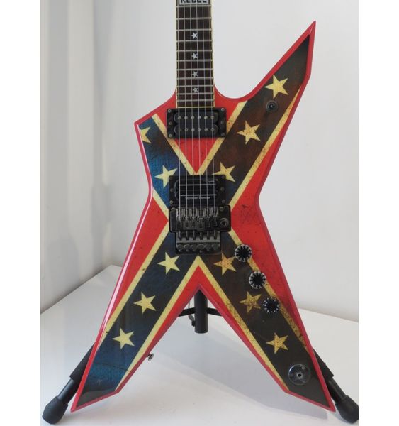 Neuankömmling Dimbag Darrell Razorback Rebel Confederate Flag Rote E-Gitarre Floyd Rose Tremolo Bridge Dime Razor Inlay Grover Mechaniken Schwarze Hardware Whammy Bar