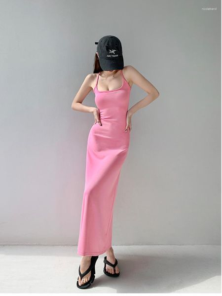 Vestidos casuais womengaga 2023 sexy e boa figura rosa baixo pescoço cinta vestido longo mulheres verão aberto volta meados de comprimento envoltório hip jmq5